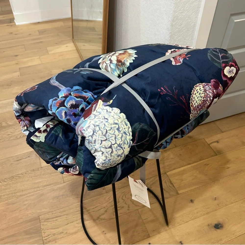 NWT Anthropologie Odette Quilt FULL Velvet Bedding Peacock Floral Blue
